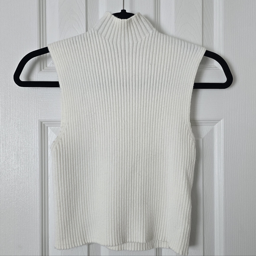 Zara White Ribbed Sleeveless Turtleneck Top